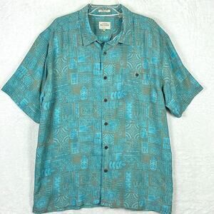 QuikSilver Waterman Hawaiian Camp Shirt Mens XXL Green Gray Aztec AOP Aloha